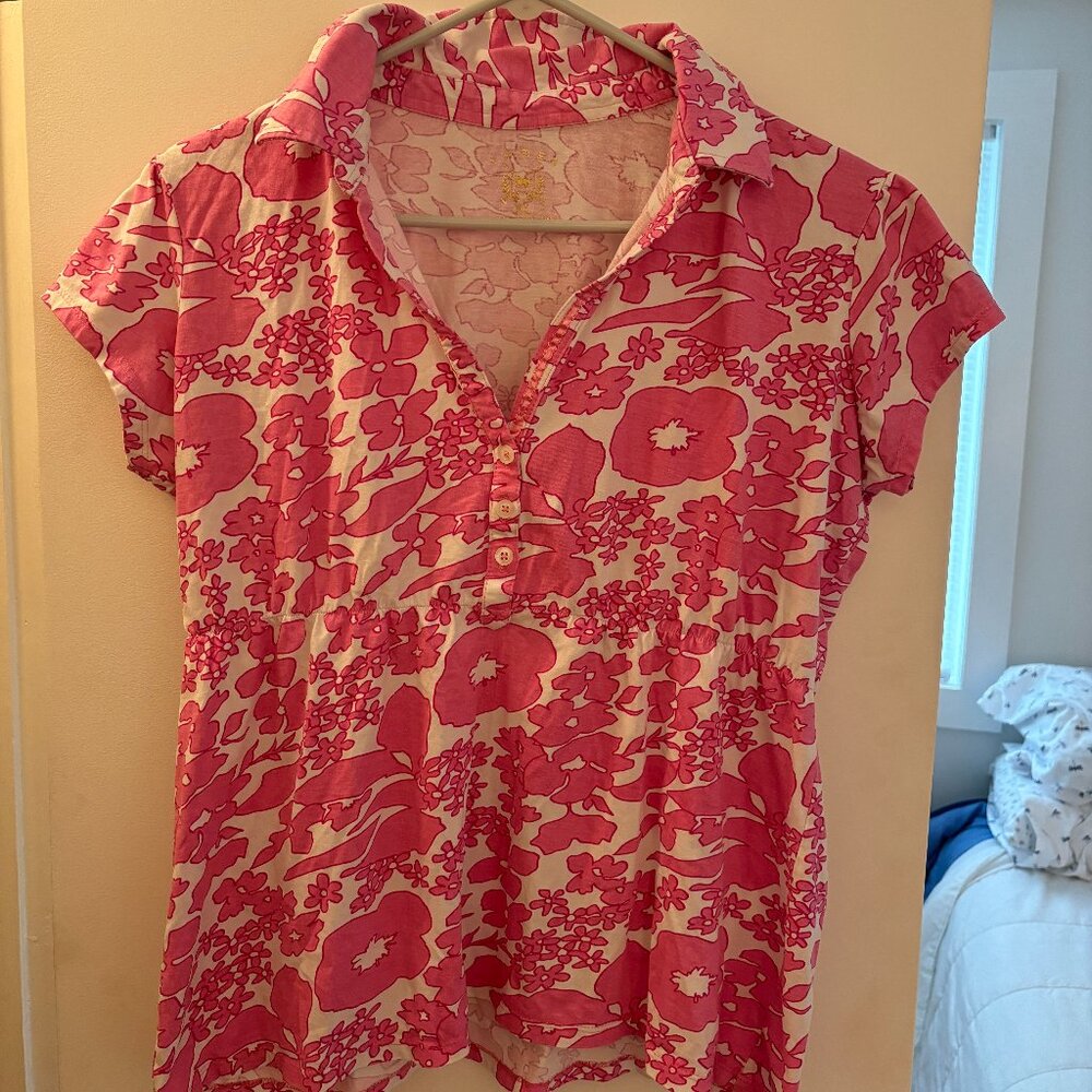 THRE 3 Pink & White Cotton Floral Polo Shirt Size XL